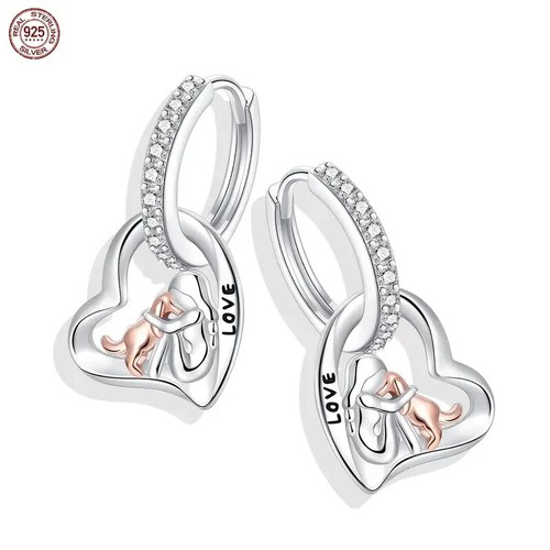 925 Sterling Silber bicolor (Rose) Kuschel Hund Herz Creolen in Geschenkbox