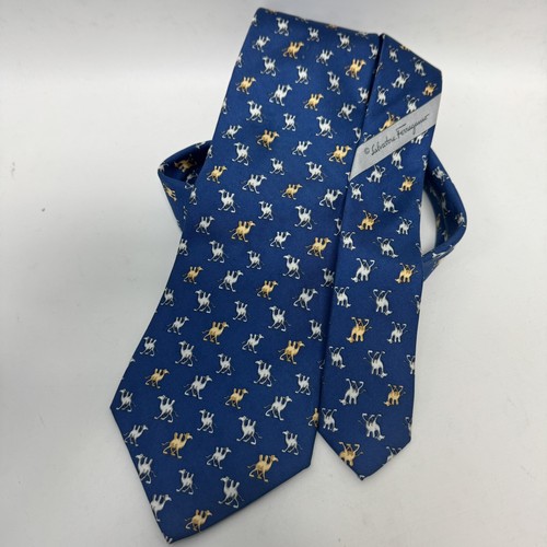 Salvatore Ferragamo Blue Camel Print Tie Mens Silk Italy - Picture 2 of 8