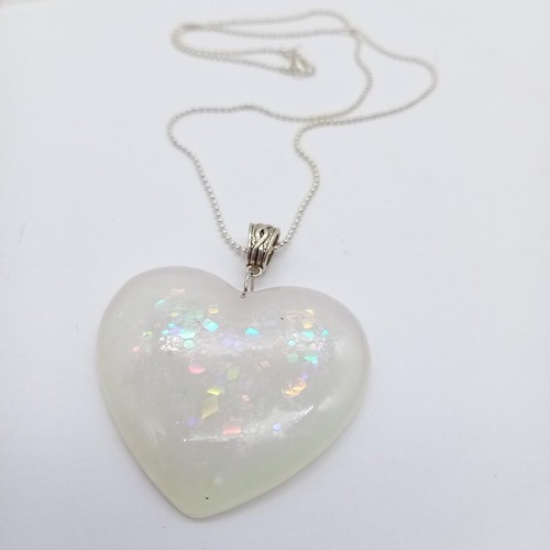 Extra Large XL irridescent rainbow puffy love heart necklace silver ball chain - Foto 4 di 4