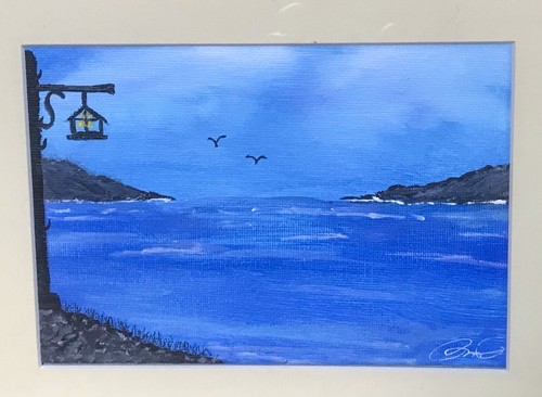 Beach Seagulls Sea Lamppost Painting Signed Art Coastal Peaceful Landscape - Picture 1 of 7