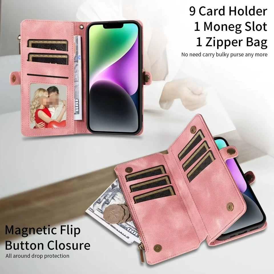 Leather Case Cover With Card Wallet For iPhone 16 Pro Max 15 14 13 Strap Zipper - Image 4 of 4