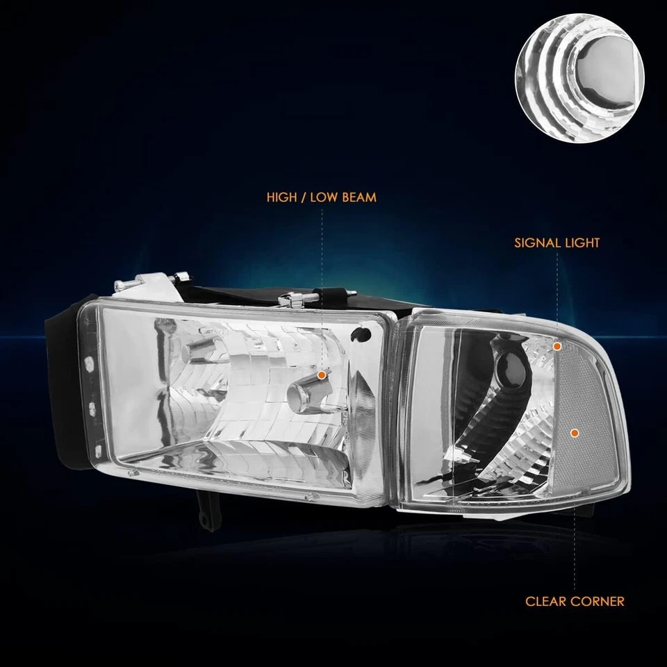 Chrome Housing Headlights + Corner Lamps For 1994-2001 Dodge Ram 1500 2500 3500 - Image 3 of 4