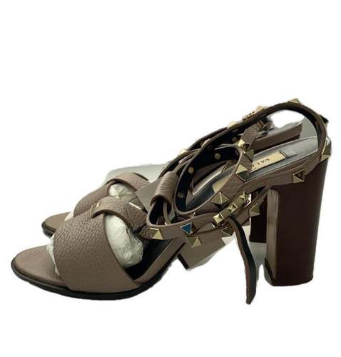 Valentino Rockstud Women's Open Toe Block Heel Sandals in Beige Size 38