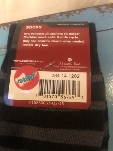 Planet Sox Star Wars Socks Black With Gray Stripes &R2D2 Size 10-13 Shoe Boys - Picture 2 of 7