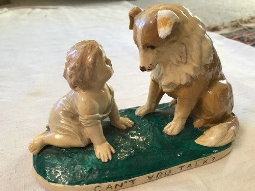 Vintage G. Ferrad Dog Porcelain Sculpture w/ Stand Titled "Can't You Talk" - Picture 2 of 4