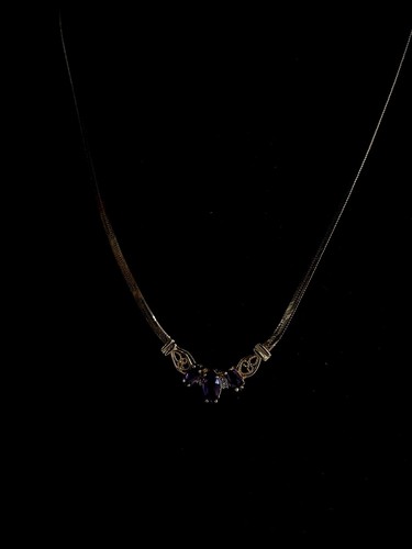 Yellow Gold Amethyst Marquis And Diamond Pendent /w 16” 14k Herringbone Chain - Picture 2 of 3