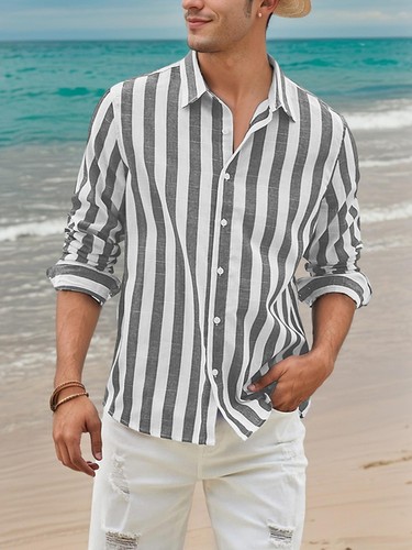 Mens Striped Printed Lapel Long Sleeves Shirt - Picture 9 of 14