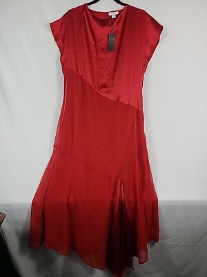 Warehouse Women's Red Satin Georgette Paneling Asymmetric Hem Midi Dress Sz 8 US