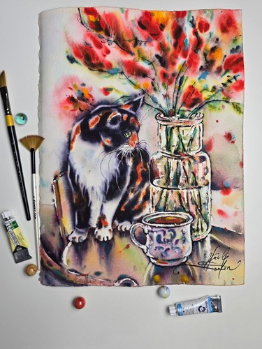 Original Watercolor Painting Fluffy Cat Art Flowers Art Animals Art 15" by 11" - Picture 2 of 4