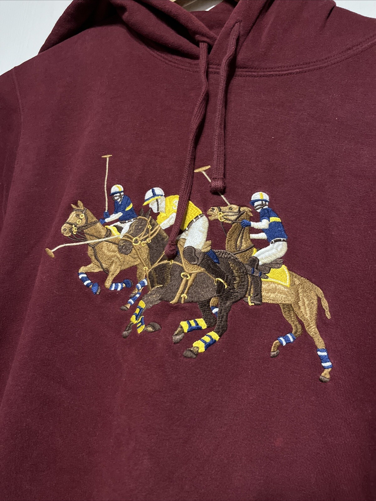 Polo Ralph Lauren Tre Cavalieri Felpa con Cappuccio Gioco Match Big Pony Borgogna Equitazione