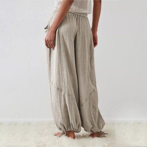 Women Baggy Utility Pants High Waisted Wide Leg Cargo Cotton Linen Pants Trouser - Picture 7 of 46