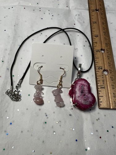 Natural Pink Agate Druzy 925 Silver Gemstone Pendant With Rose Quartz Earrings - Picture 3 of 11