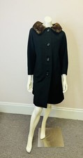 Vintage 50s Brown Mink collar Black Wool Coat Jacket Mob Wife MCM Size S M