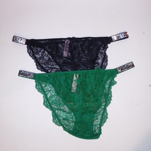 Victoria Secret Panty Bikini XL Black Green Shine Strap Lace Logo Bling Very - Bild 5 von 17