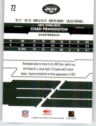 2006 Rookies & Stars Chad Pennington NFL Base Card PWE Jets #72 - Picture 2 of 2