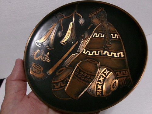 Etched Copper Plate Design Pottery & Woman Smoking Long Pipe Chilean Folk Art