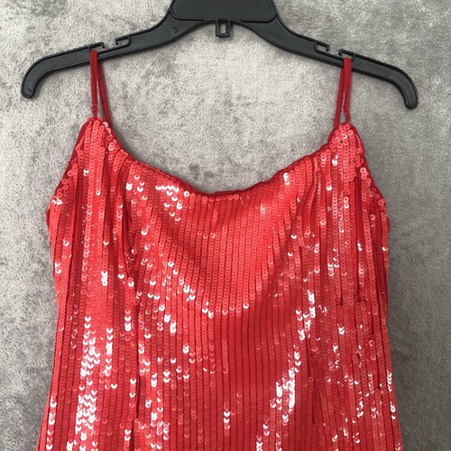 Bardot Sequin Midi Dress Red Large Womens Slit Lined Spaghetti Strap - Picture 6 of 13