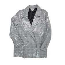Jason Wu Sequin Plaid Double Breasted Silver Collared Womens Blazer Size Large