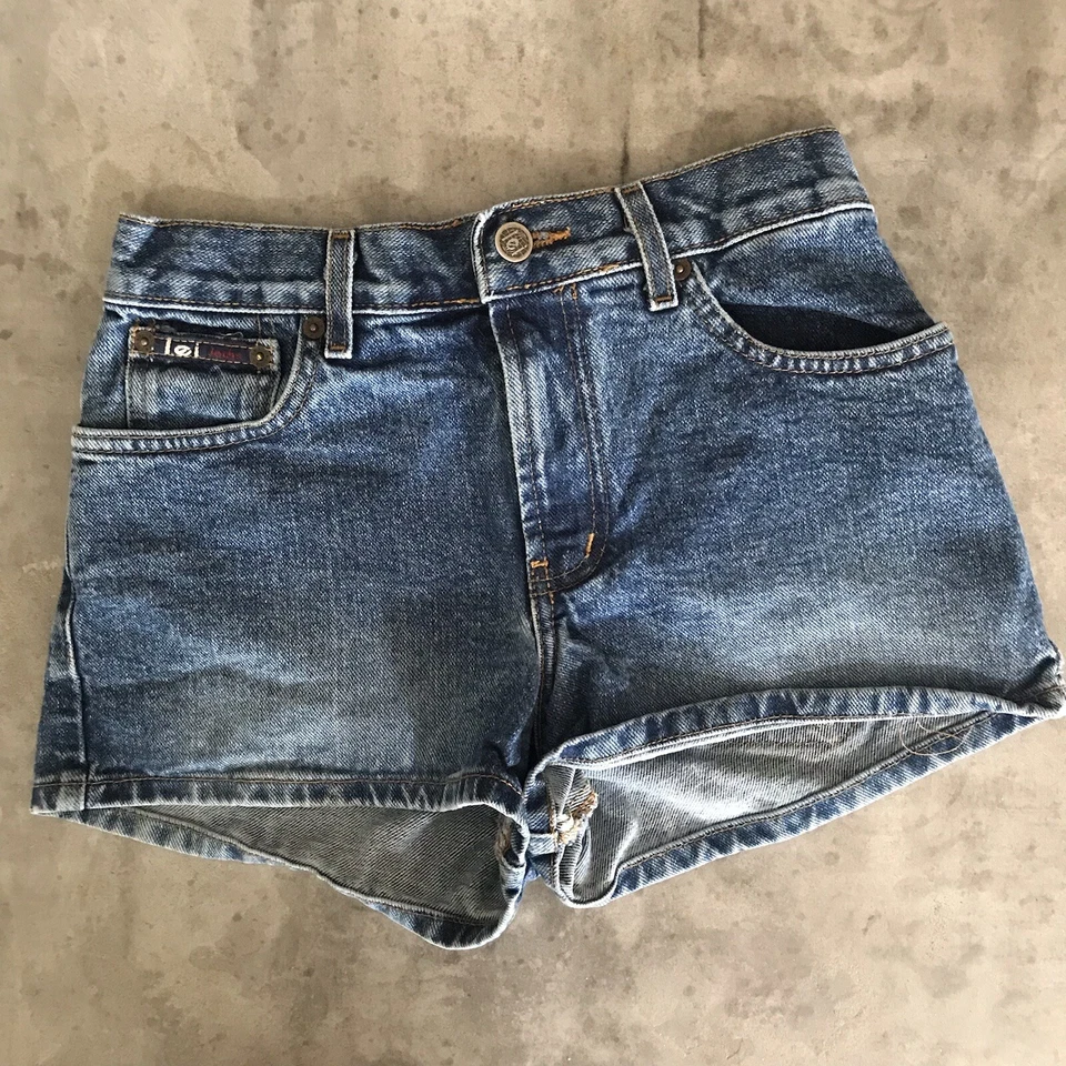 De colección Años 90 Y2K LEI Denim Jean Micro Mini Pantalones Cortos Juniors 1 W26 tiro medio Vaquera Foto 2 de 4
