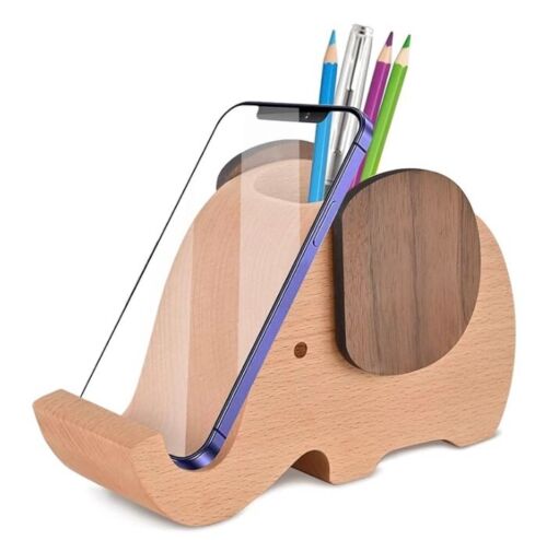 AHFULIFE Wooden Elephant • Hands Free Phone Stand • Desk Organizer Pencil Holder - Afbeelding 1 van 5