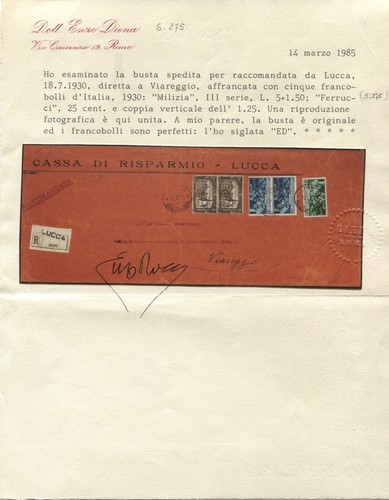 1930 18 JULY RECOMMENDED BY LUCCA FOR VIAREGGIO FRANKED FOR L.12.75 COL C.