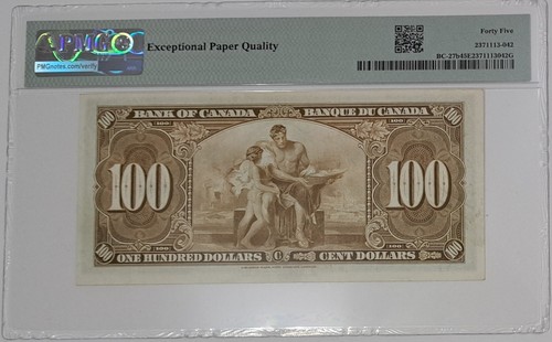 1937 Bank of Canada $100 Dollars SN# BJ 4051815 PMG45 EPQ Gordon/Towers Note - Picture 2 of 4
