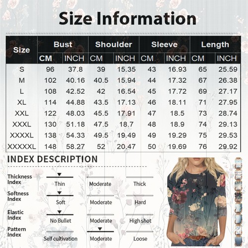 Women's Summer Print 3/4 Sleeve Ladies Round Neck Casual Blouse Tops T Shirt 12 - Picture 15 of 36