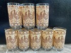 4+4 8 Rooster Chicken GLASSES TUMBLERS Tan Brown Blue 12oz 5 1/8" Tulips VINTAGE