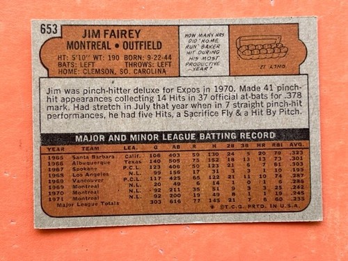 1972 Topps SEMI HIGH # 653 Jim Fairey EXPOS NR/MINT SHIPS FREE NEW TOP LOADER - Picture 2 of 2