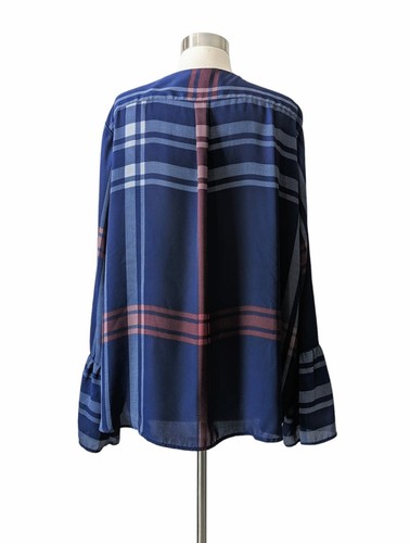IMAN Global Top Blouse Blue Red Chiffon Crossover Bell-Sleeve Plaid 591923-J 2X - Picture 4 of 8