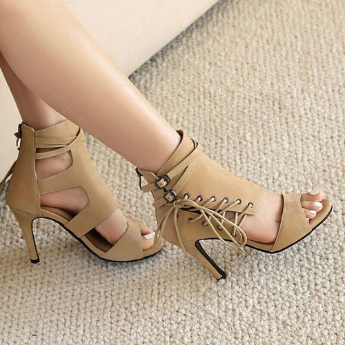 Sandalias de verano para mujer con punta abierta con cordones tacones altos cremallera trasera botas al tobillo informales talla - Imagen 8 de 12