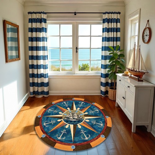 Marine Nautical Compass Round Rug Nonslip Yacht Mat Ocean Sea Side Carpet - Picture 2 of 3