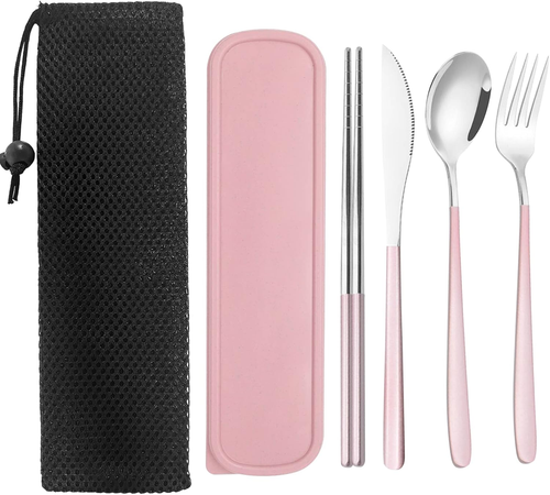 Portable Travel Utensils Set with Case, Pink Reusable Silverware Set, TWUTGAYW - Picture 11 of 12