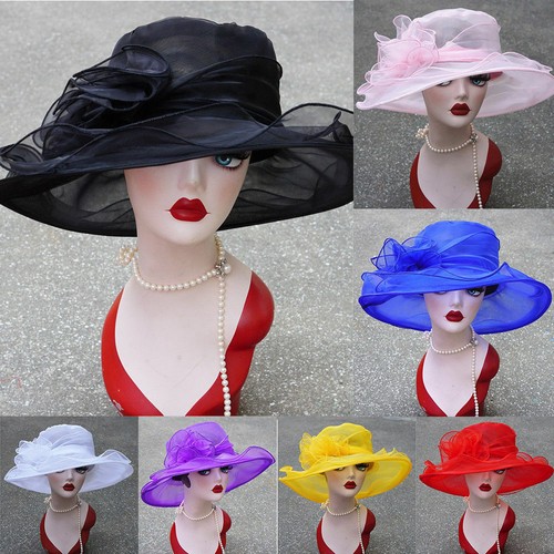 Wedding Church Hats Women Kentucky Derby Wide Brim Occasional Organza Sun Hat - Picture 1 of 22