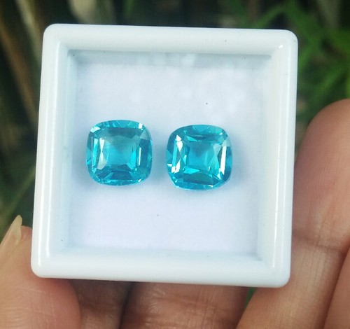 Pair 4.60cts_8x8mm. CUSHION NEON BLUISH GREEN PARAIBA COLOR Top Created Gems! - Picture 3 of 9