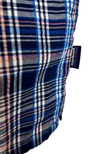 PATAGONIA MEN’S MEDIUM SEERSUCKER 21”W PLAID COTTON SHORT SLEEVE BLUE CAMP SHIRT - Picture 7 of 24