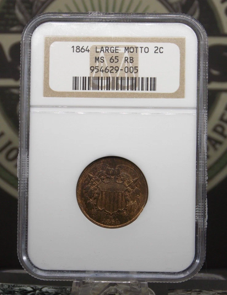 1864 Two 2 Cent Piece *LARGE MOTTO* 2c NGC MS65 RB #005 Red Brown Unc BU ECC&C - Image 3 of 4
