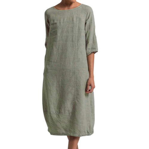 Women Dress Plain Ladies Comfy Solid Color Dresses Party Relaxed Round Neck - Picture 5 of 51
