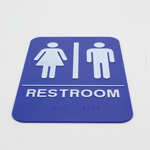 Unisex Braille ADA Restroom Sign - Men/Women - Double Sided Tape - (Blue - 6x9) - Picture 2 of 3