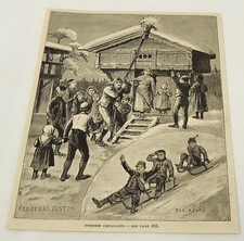 Gravure magazine 1884 ~ VIE ENFANT SUÉDOISE coutumes de Noël et luge