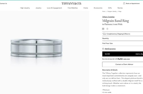 TIFFANY & Co. Together Platinum 6mm Double Milgrain Wedding Band Ring 7.5 - Picture 4 of 4