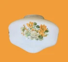 Vtg Schoolhouse Light Globe Curling Fan Shade White Milk Glass Orange Floral MCM