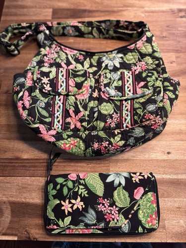 Vera Bradley Black Pink Green Floral Botanica Pattern Shoulder Hand Bag + Wallet