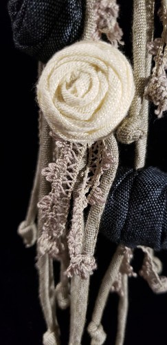 Yuvita Linen/Cotton Fabric Long Necklace W/ Earrings: Denim & Cream Roses & Lace - Picture 3 of 8