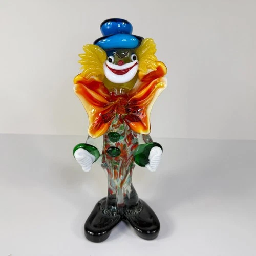 Murano Art Glass Toscany Clown Amber Bowtie Blue Hat 8" Vintage Handmade