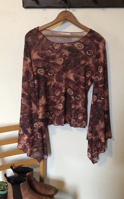Vtg MKM Designs Lightweight Sheer Flutter Wing Sleeve Top Artsy Boho Burgundy