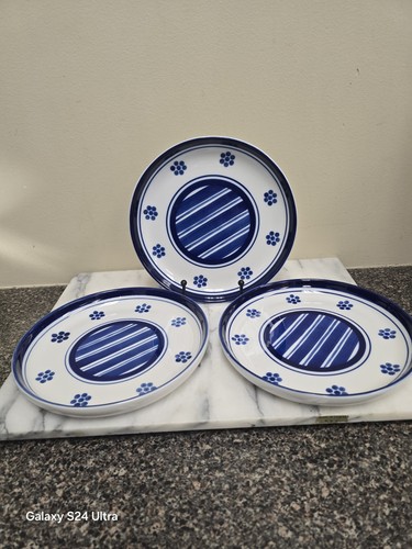 Lot Of 3 Dansk Stoneware Blue White Stripes Flower Salad Plate 7 7/8" Diameter - Picture 1 of 12
