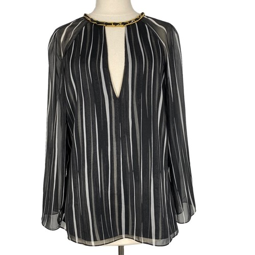 HALSTON HERITAGE Gauzy Striped Blouse 10 Black White Chic - Picture 2 of 9