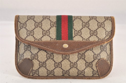 Authentic GUCCI Vintage Web Sherry Line Pouch Purse GG PVC Leather Brown 9018M - Picture 2 of 10