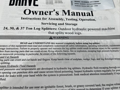 Brave Products Log Splitter 24/30/37 Ton Owners Manual VH1730GC ( MVH1724D) - Picture 3 of 4